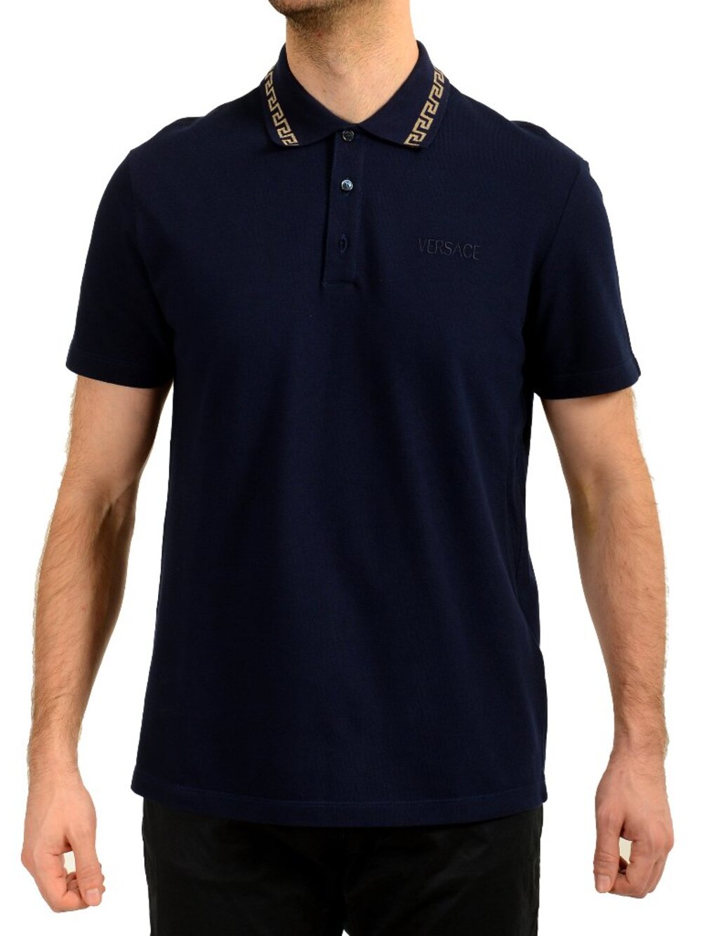 Versace Men's Gold Embroidery Navy Blue Short Sleeve Polo Shirt US XL IT 54